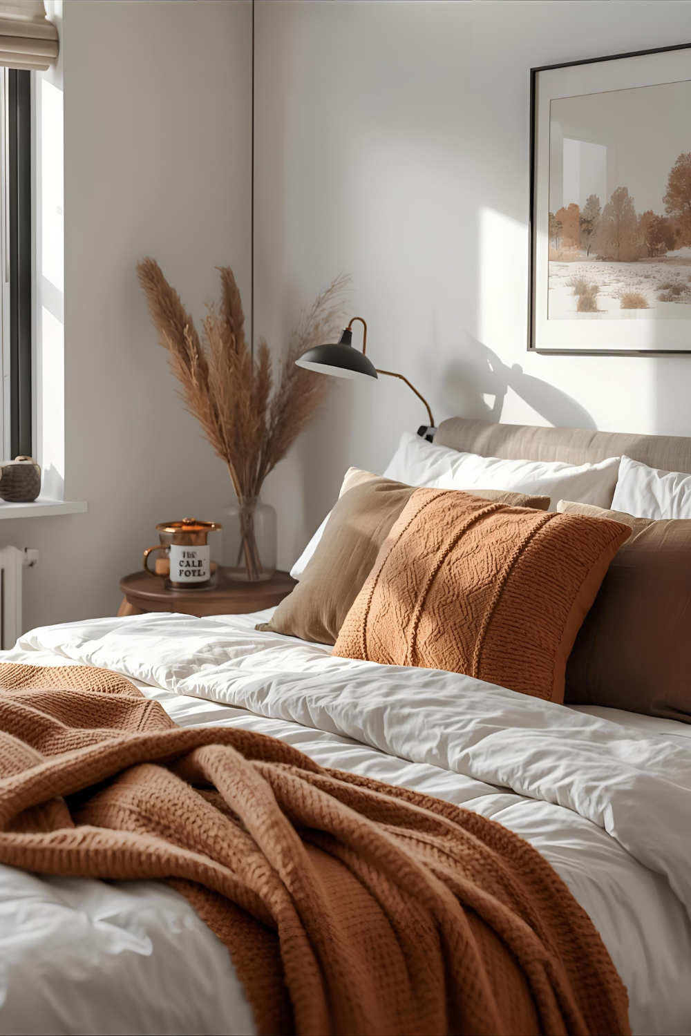 Fall pillow covers with earthy colors on a neatly arranged bed